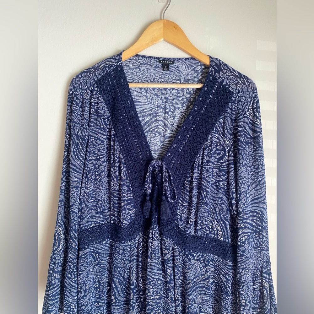 Torrid Lace-Up Babydoll Top Crinkle Gauze Animal Navy women’s Plus Size 2X - Picture 7 of 9